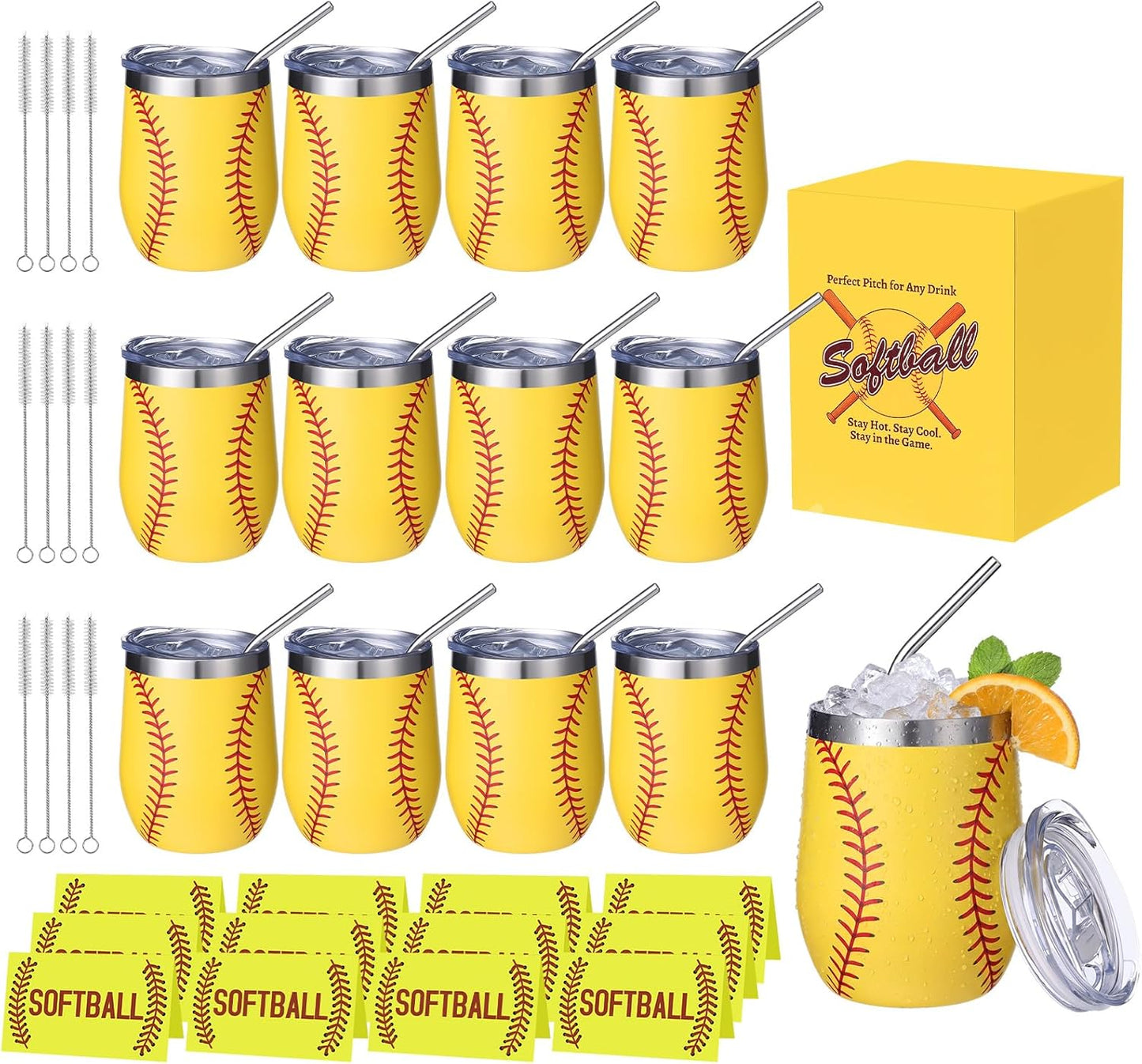 Set 12 Vasos Sóftbol Aislados Acero Inox 12oz con Tapas