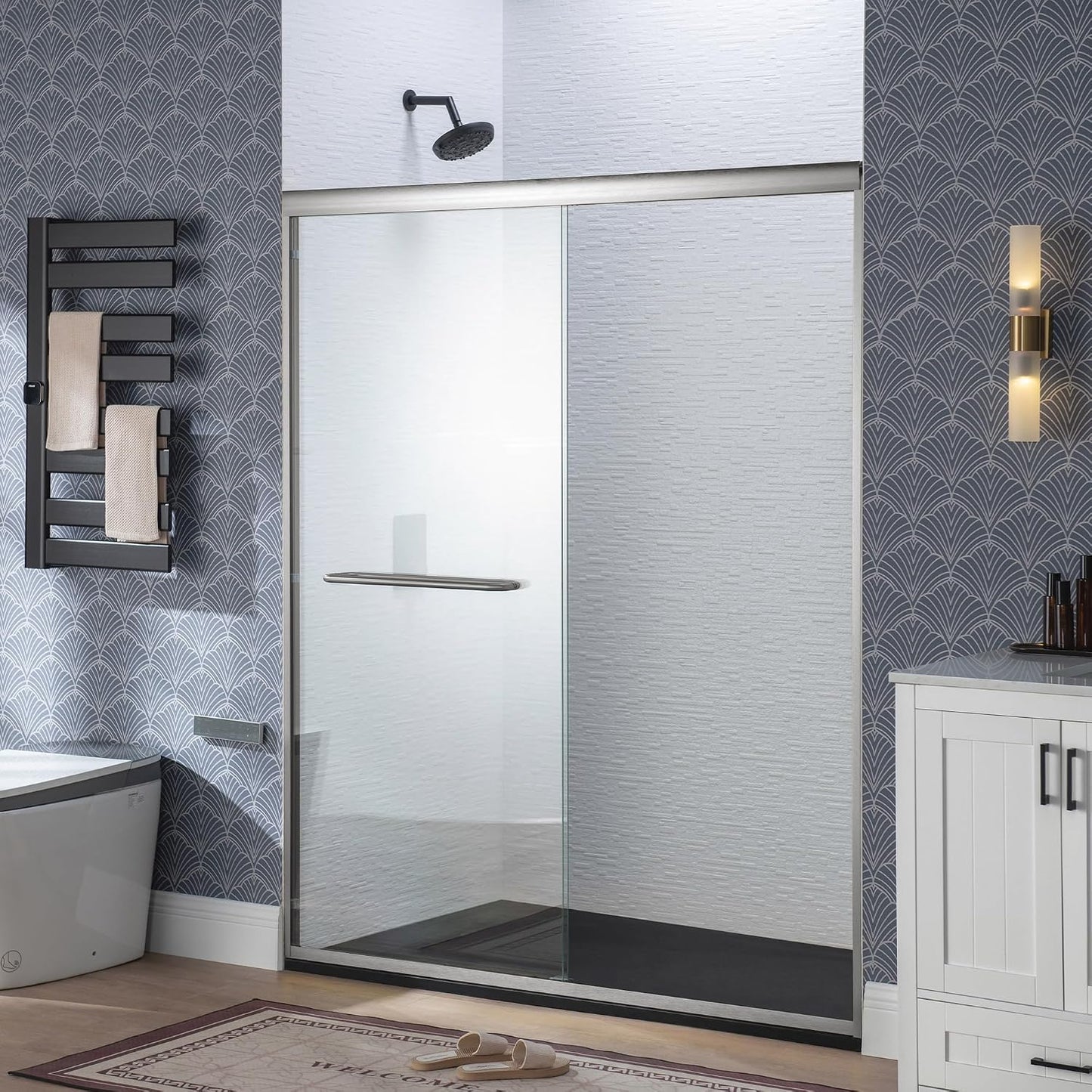 Puerta ducha doble 44-48pulg x72pulg vidrio templado níquel