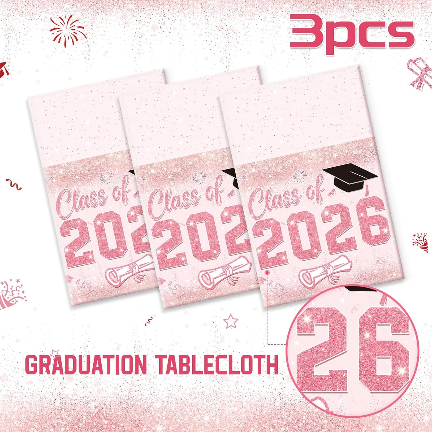 3 Manteles Plástico Rosa Graduación 54x108pulg