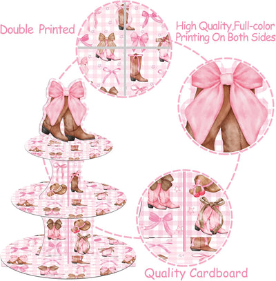 Suministros fiesta vaquera con lazo coqueta soporte cupcakes botas rosa sombrero torre postre 3 niveles