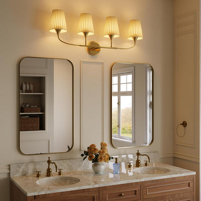 Lámpara baño 4 luces dorada moderna con pantalla tela E26