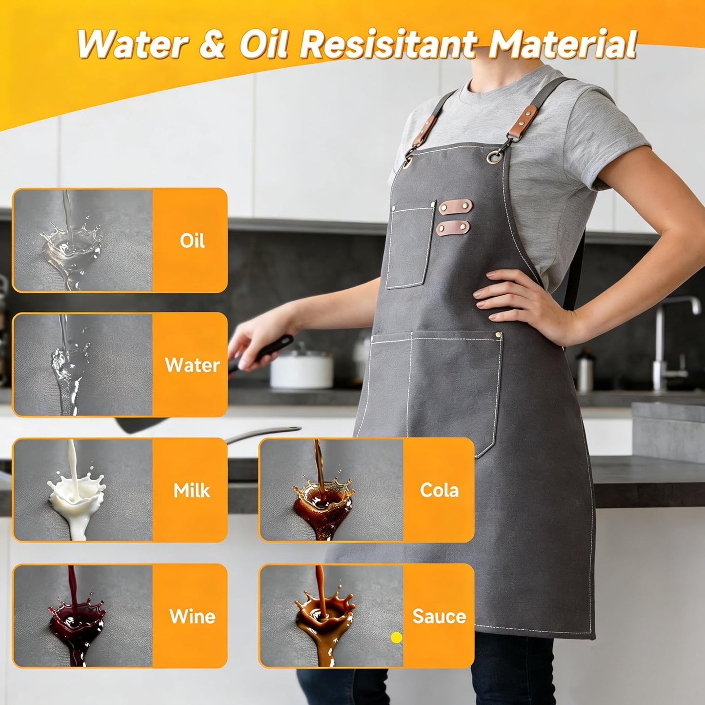 Delantal Chef Impermeable Algodón Lona Bolsillos Grandes