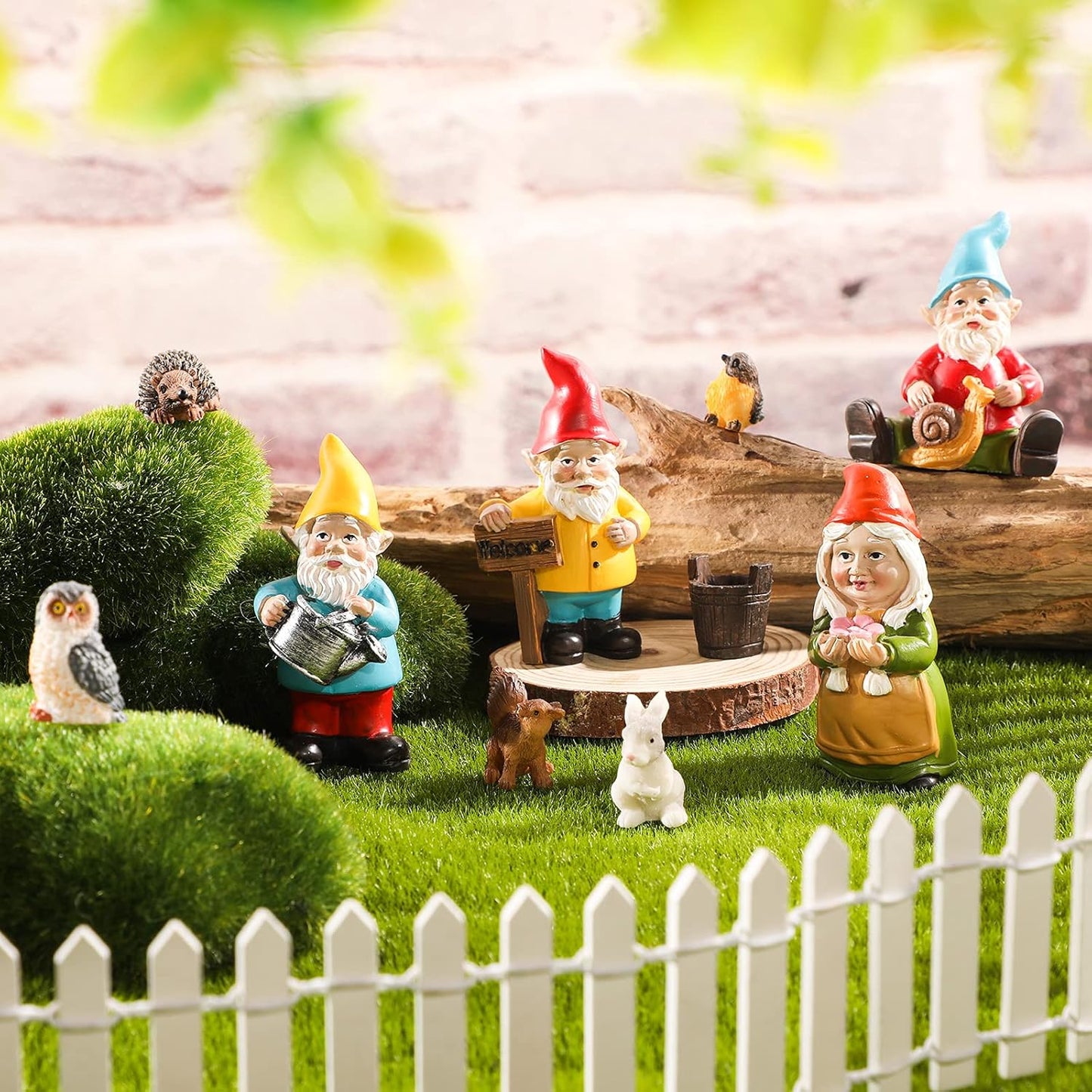 Set 10 Gnomos Resina Pintados a Mano Ardilla Erizo Búho Cubo