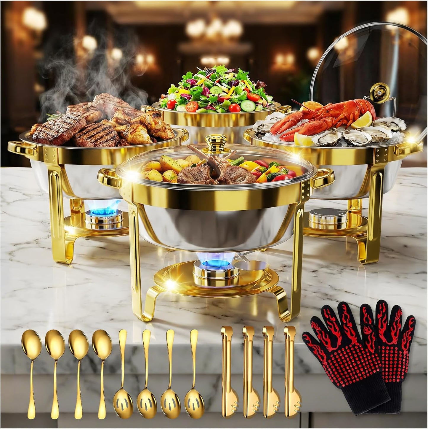 Juego de 4 platos dorados para bufé con accesorios