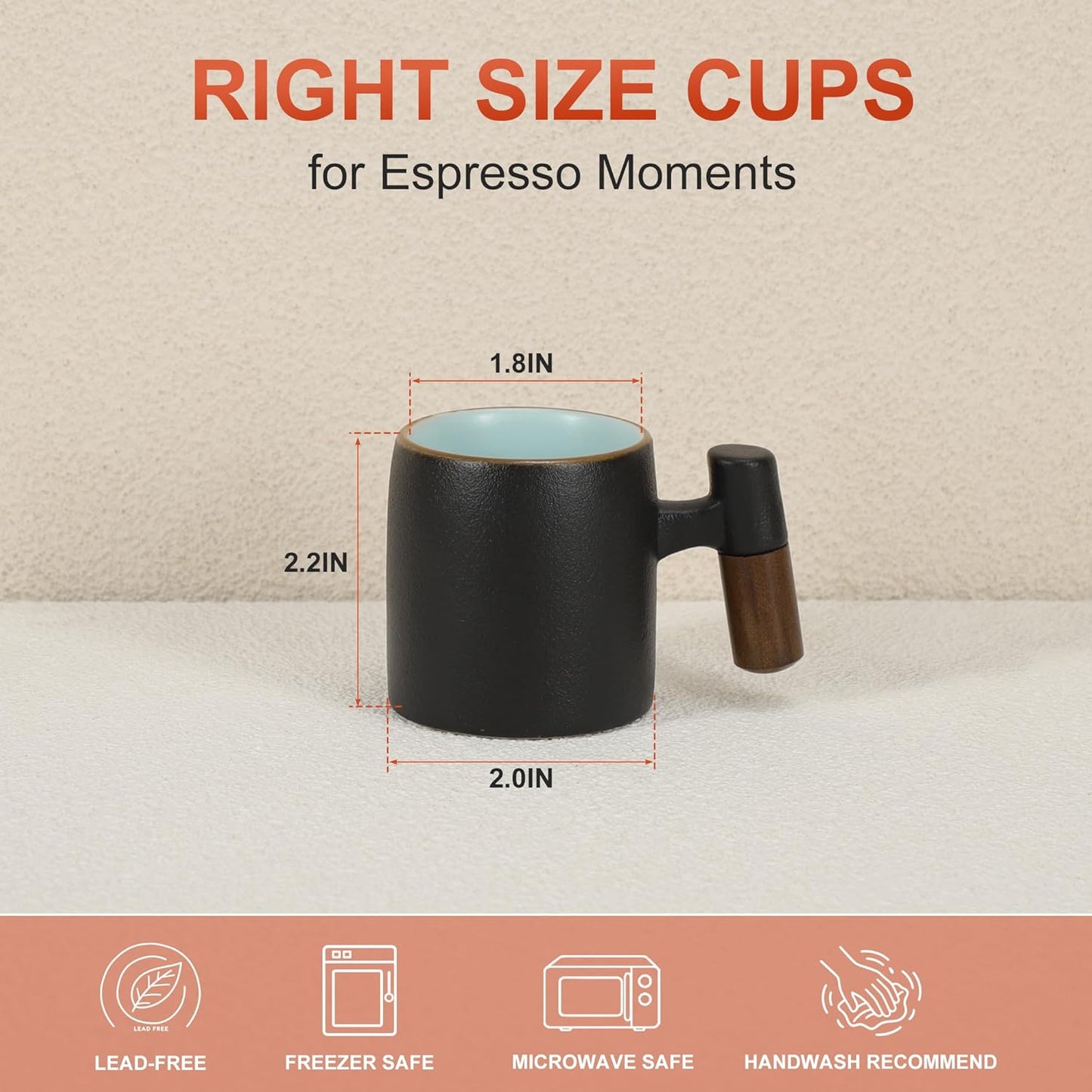 Juego de 2 tazas de café expreso de cerámica con mango de madera color negro