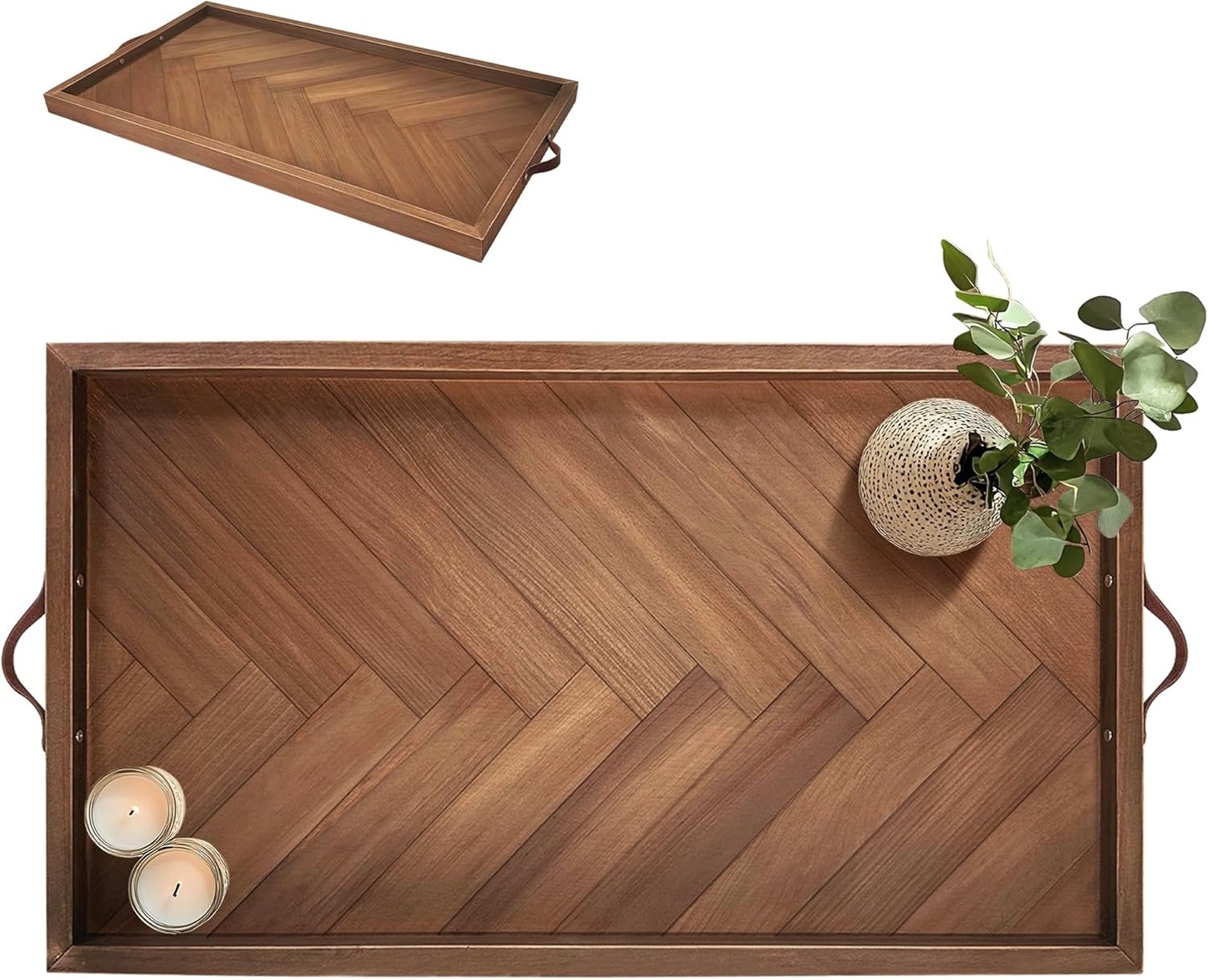 Bandeja otomana extragrande 32x18pulg madera con asas rústica