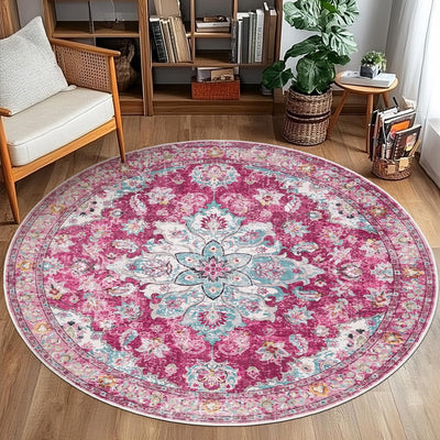 Alfombra redonda 4ft lavable sala niños antideslizante rojo rosa