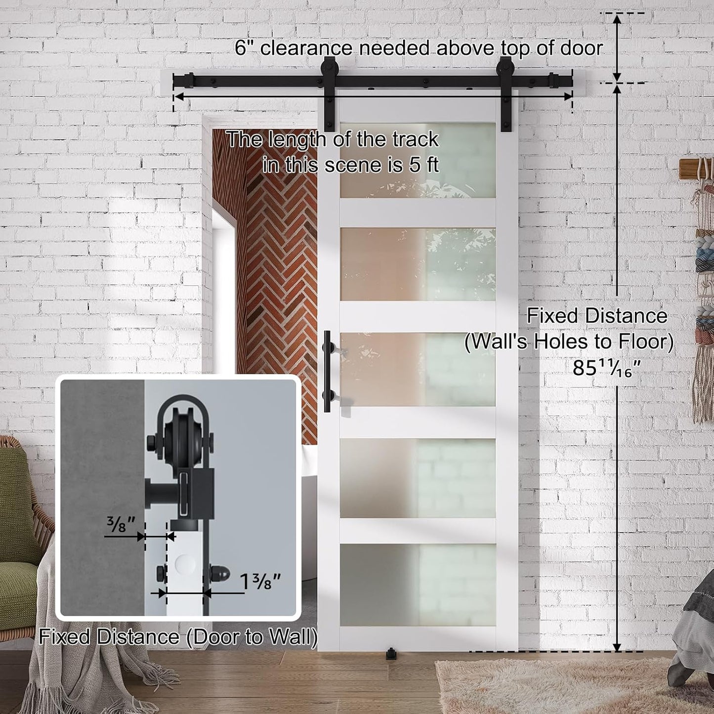 Puerta granero vidrio 36x84pulg 5 paneles PVC blanco