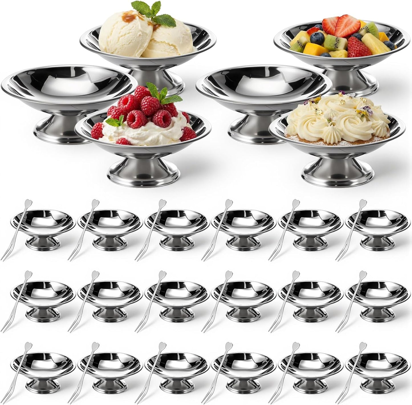 24 Cuencos Acero Inox Mini Tazas Postre Plateadas con Patas