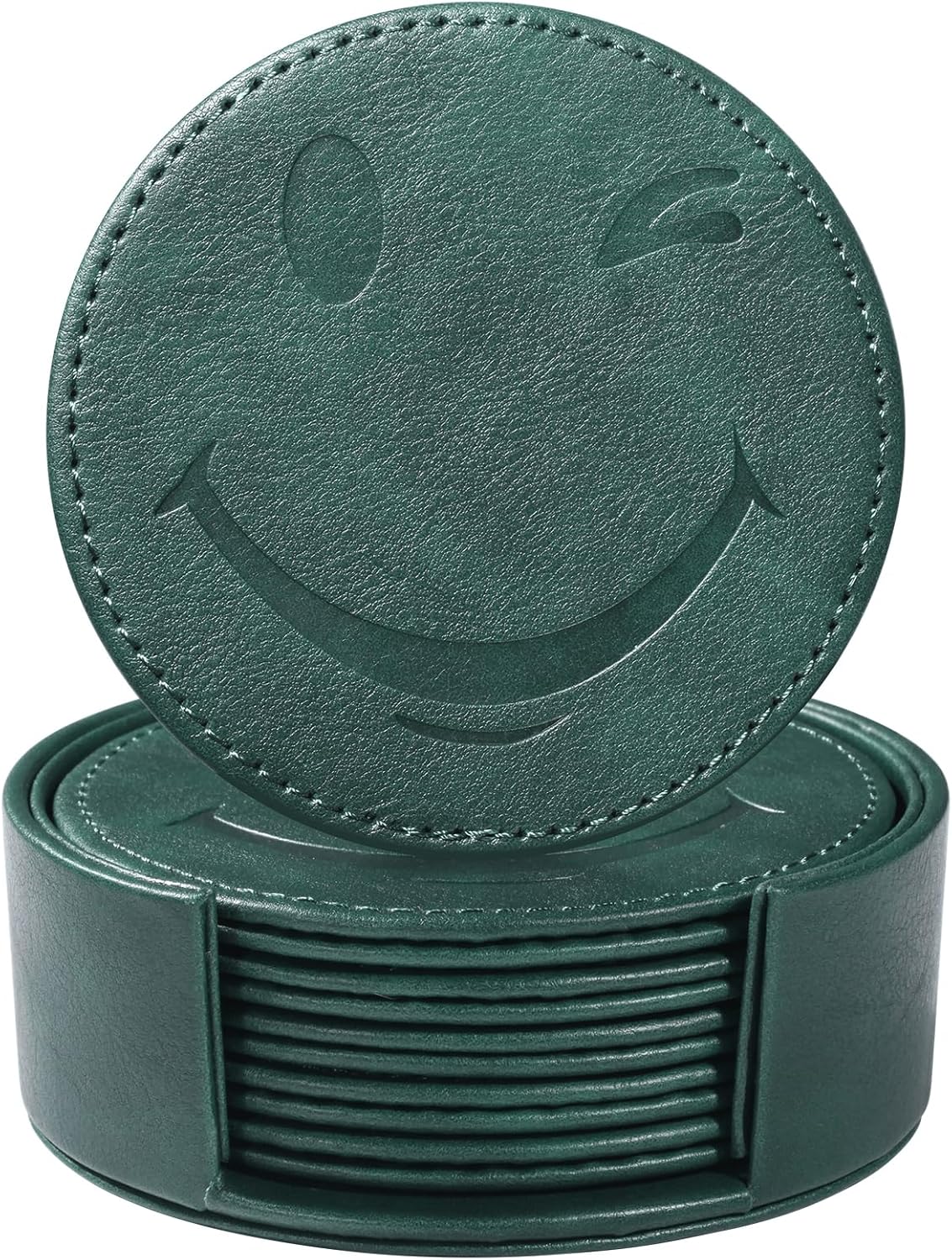 Juego de 6 posavasos de cuero con soporte y diseño en relieve, color verde