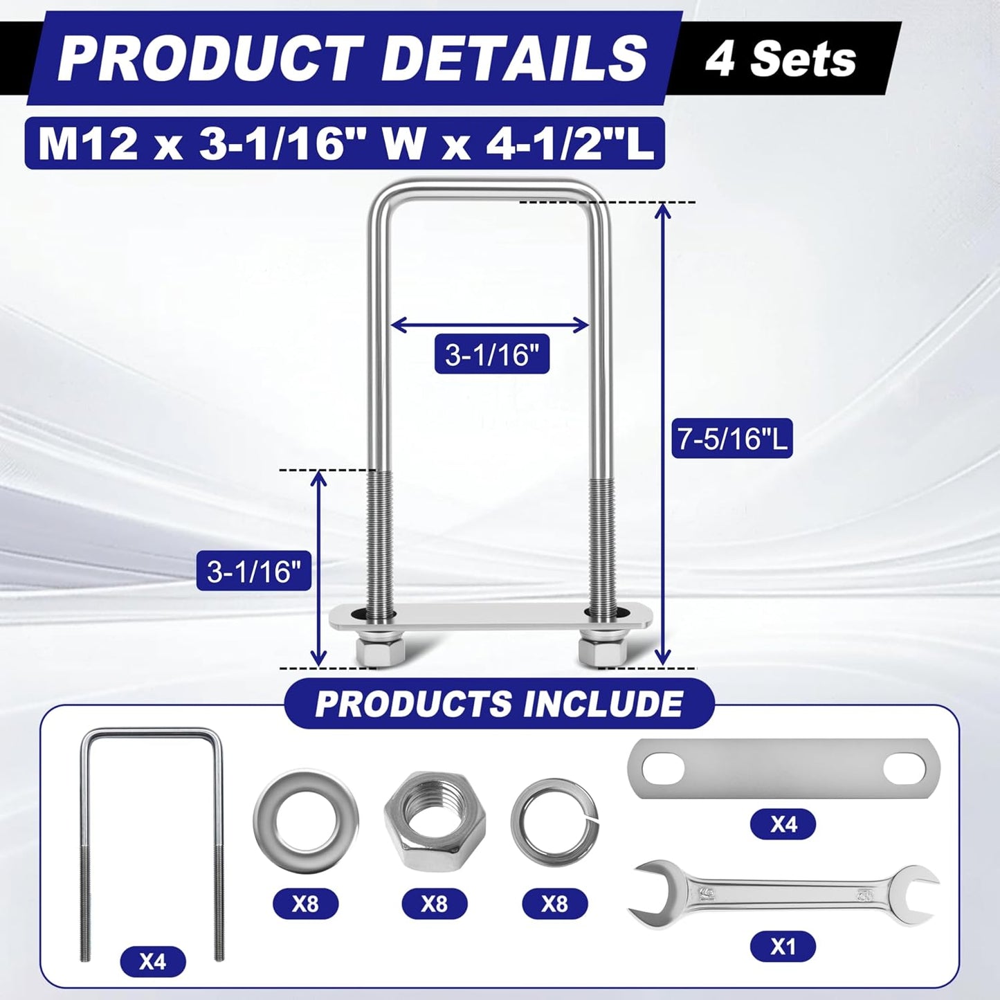 4 Juegos Pernos U M12 Acero Inox 304 3pulg