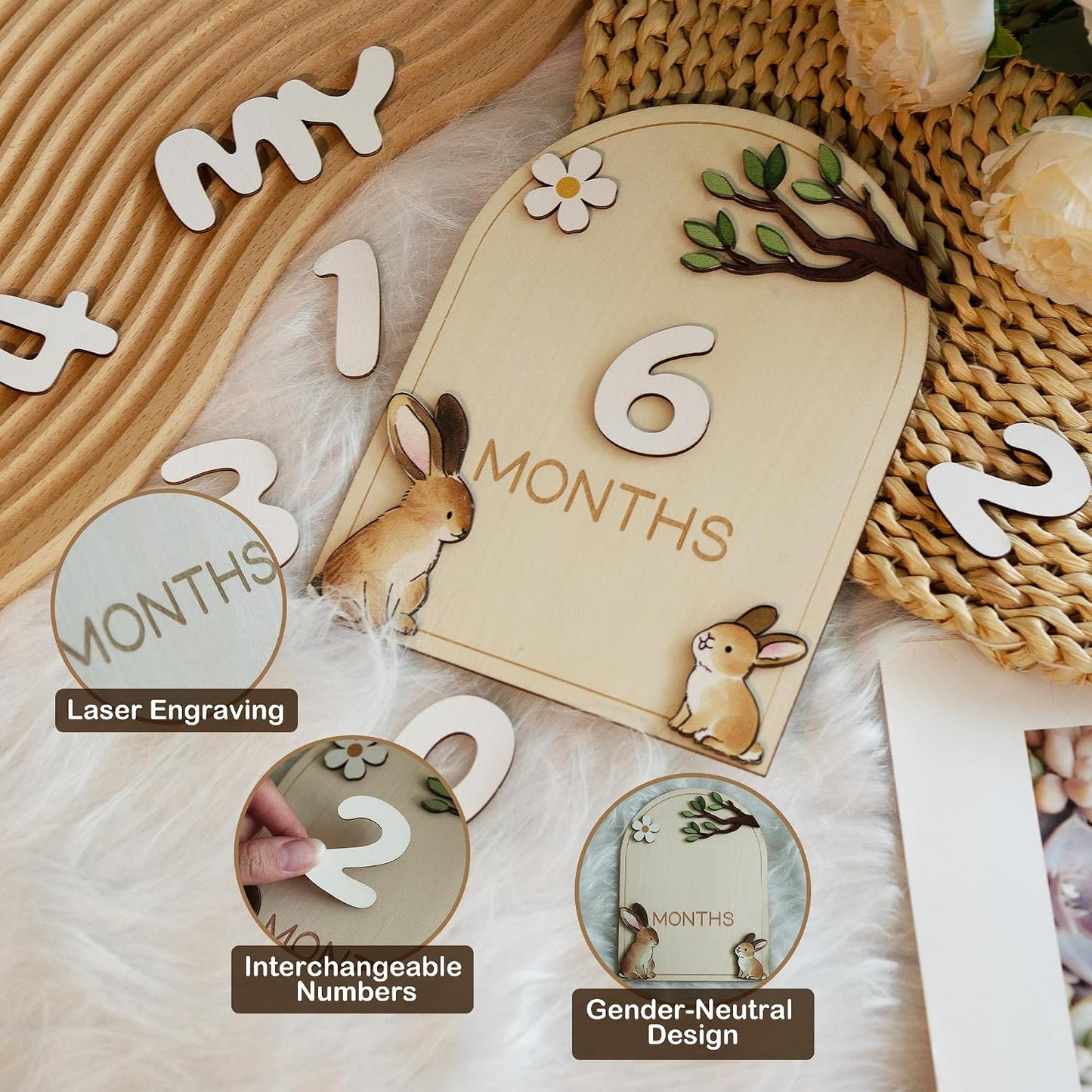 Tarjetas hitos madera bebé regalo neutro marco primer año