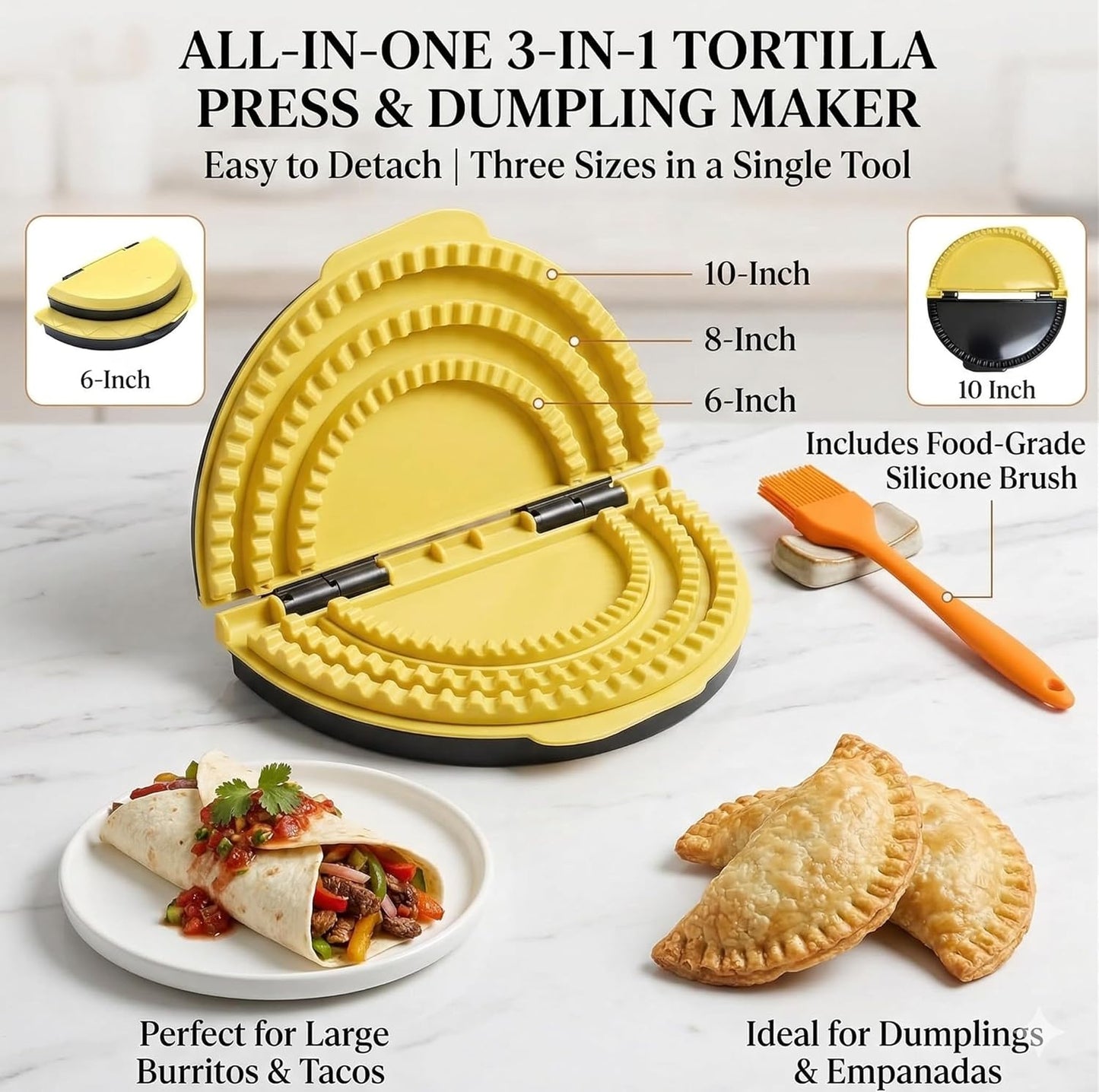 Juego sellador de tortillas 3 en 1 con cepillo de aceite y crimpadora ajustable