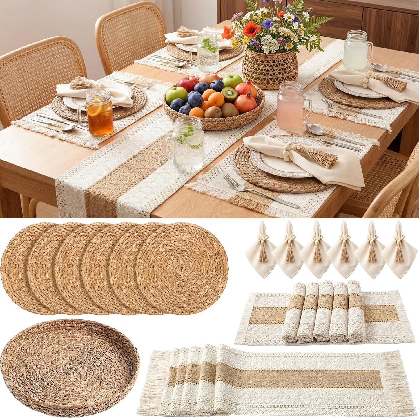 Juegos de decoración de cocina bohemia con tejido redondo y rectangular