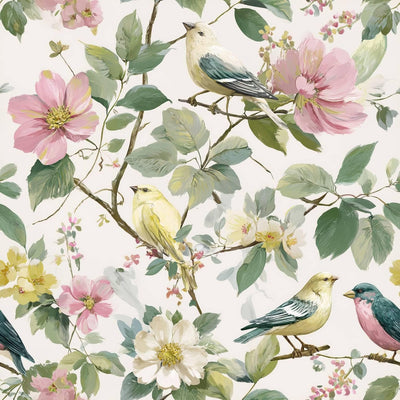 Papel Tapiz Floral Pájaros Rosa Rubor Verde Crema Botánico Vinilo