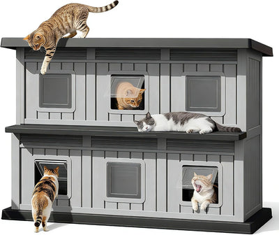 Casa gatos exterior 2 pisos resina resistente puerta escape