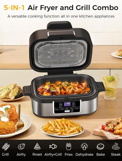 Parrilla eléctrica sin humo freidora aire 5qt 5 modos LCD