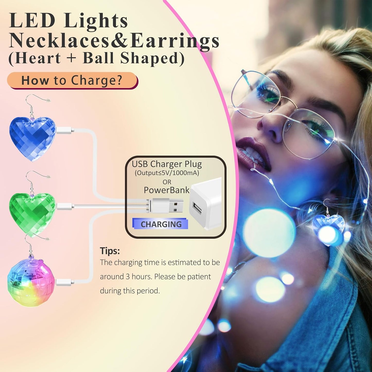 Aretes y collares LED recargables mujer 16 modos luz fiesta