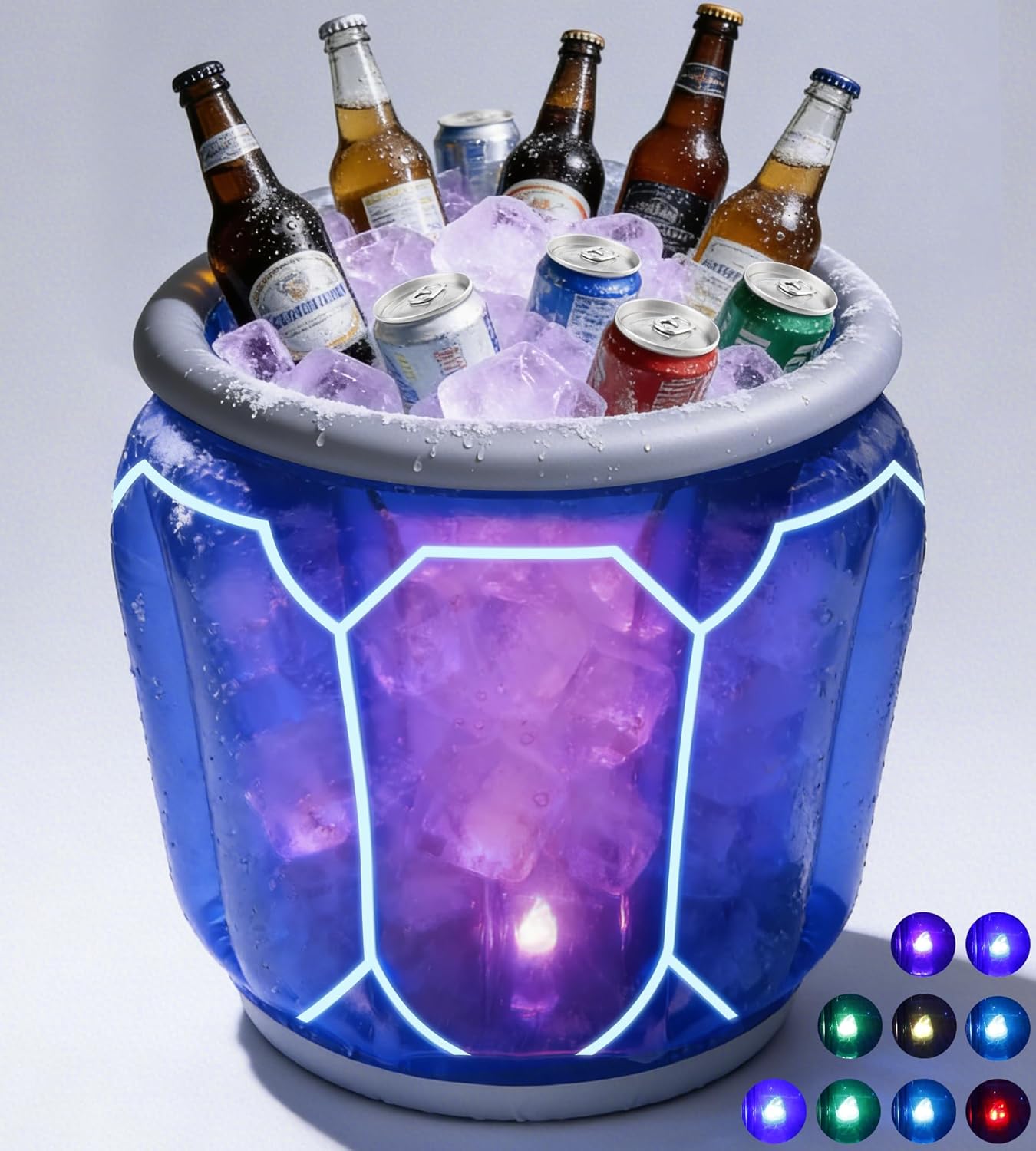 Cubo de hielo inflable con luz LED azul transparente y borde plateado
