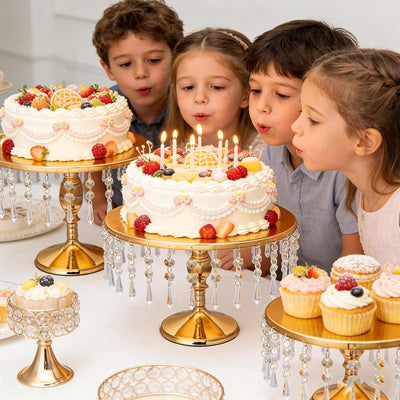 Juego de 3 soportes dorados para tartas con colgantes de cristal