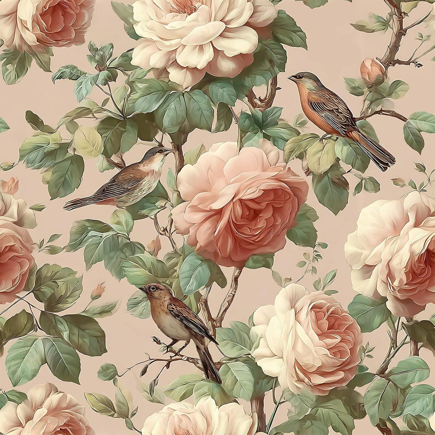 Papel Tapiz Vintage Rosas Pájaros 17.7x118pulg Autoadhesivo