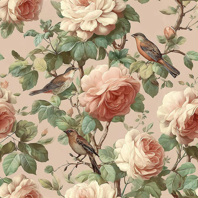 Papel Tapiz Vintage Rosas Pájaros 17.7x118pulg Autoadhesivo