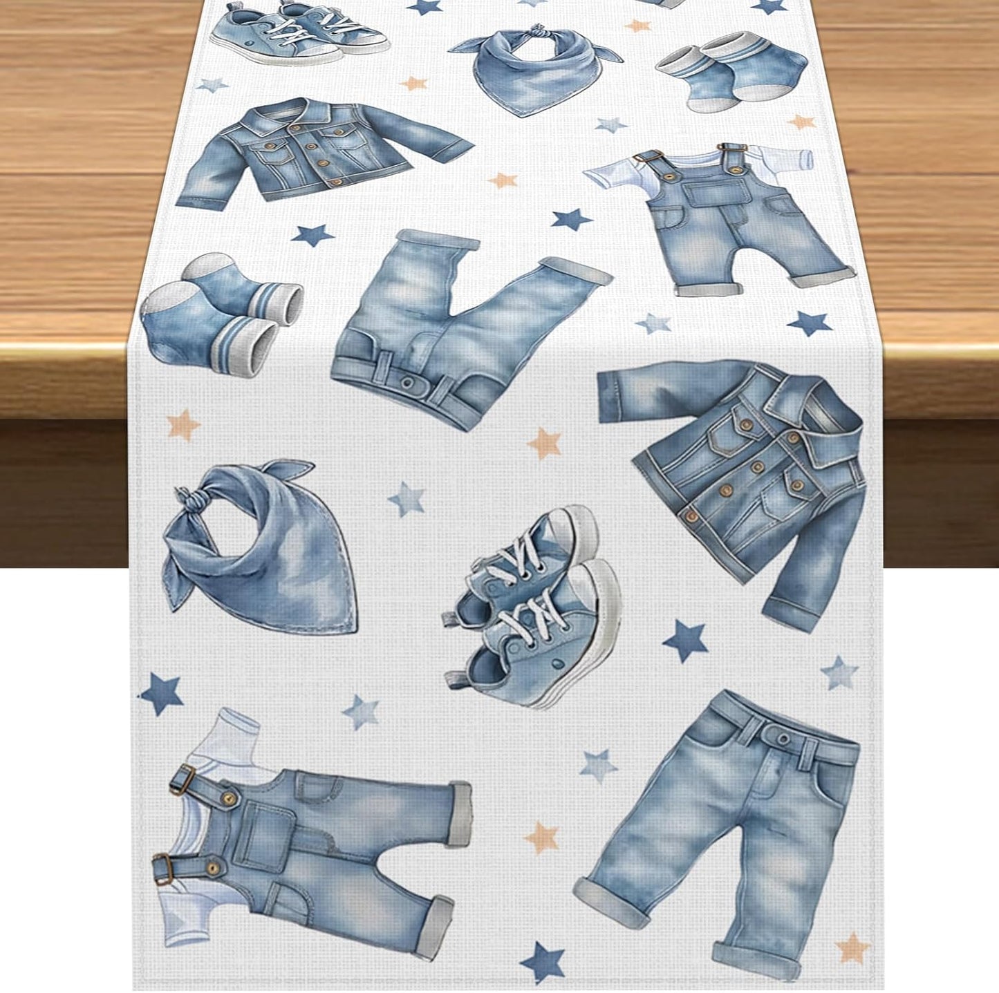 Decoración fiesta bebé camino de mesa denim azul