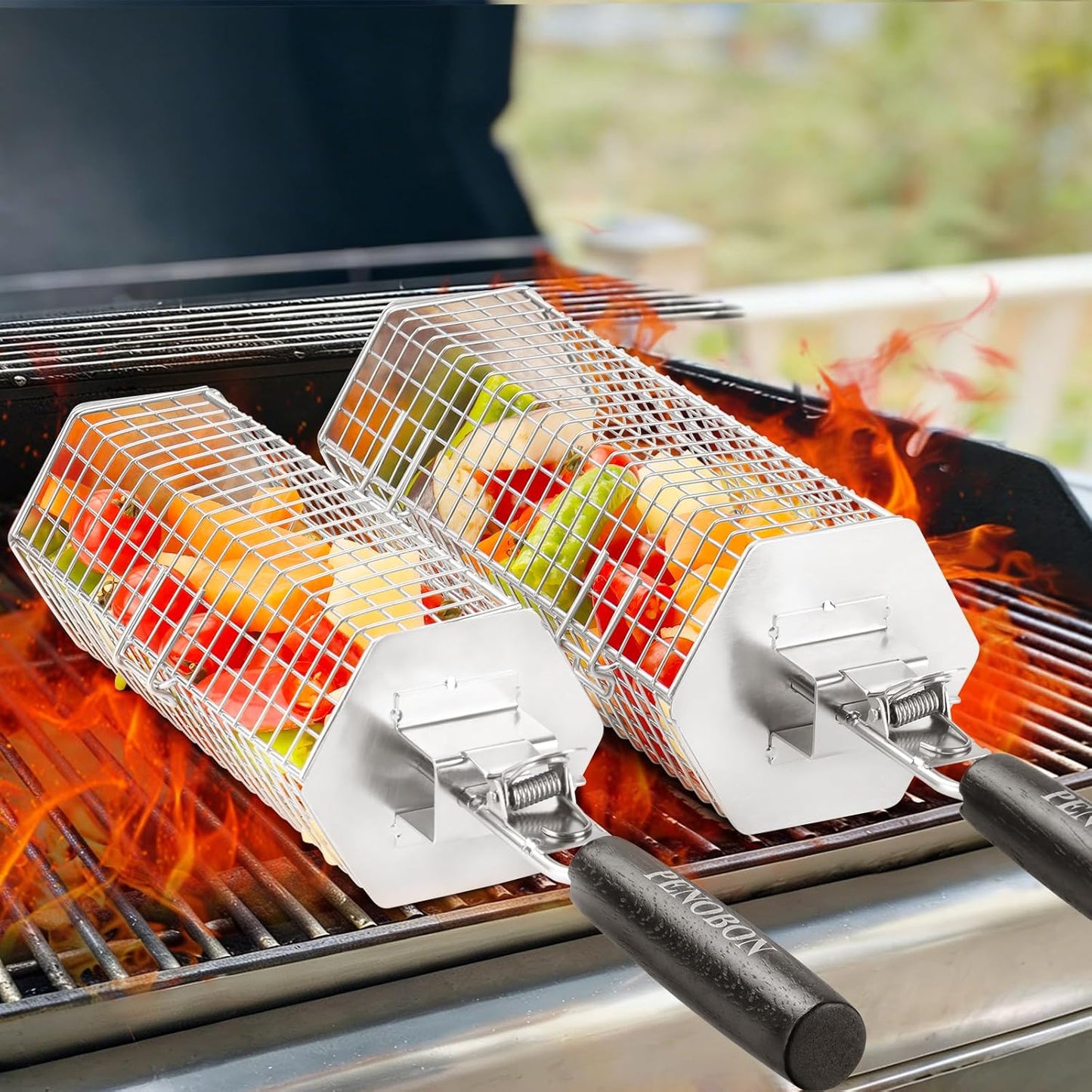 Set 2 Cestas Acero Inox para Parrilla con Asas Madera Anestable