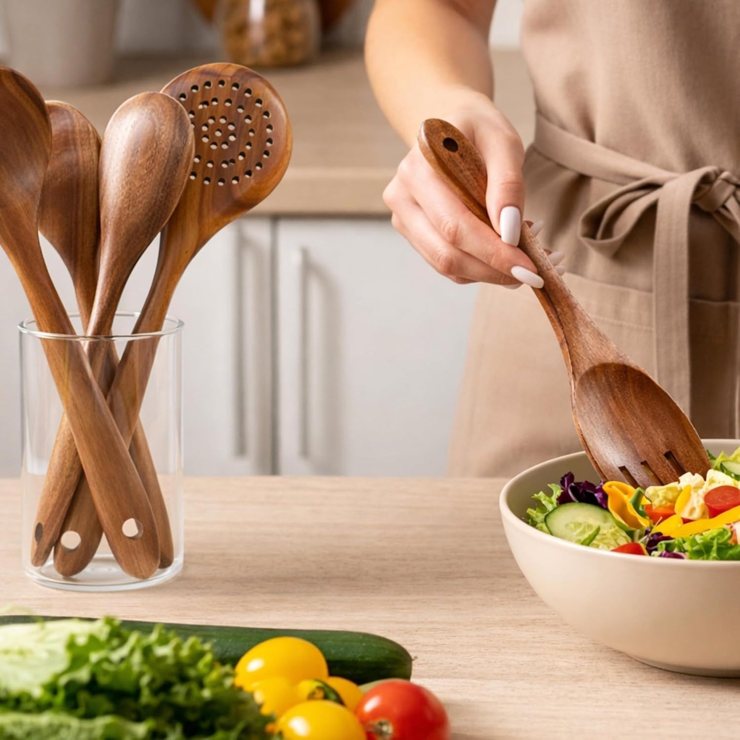 Cucharas de madera para cocinar de 6 piezas suaves y cómodas