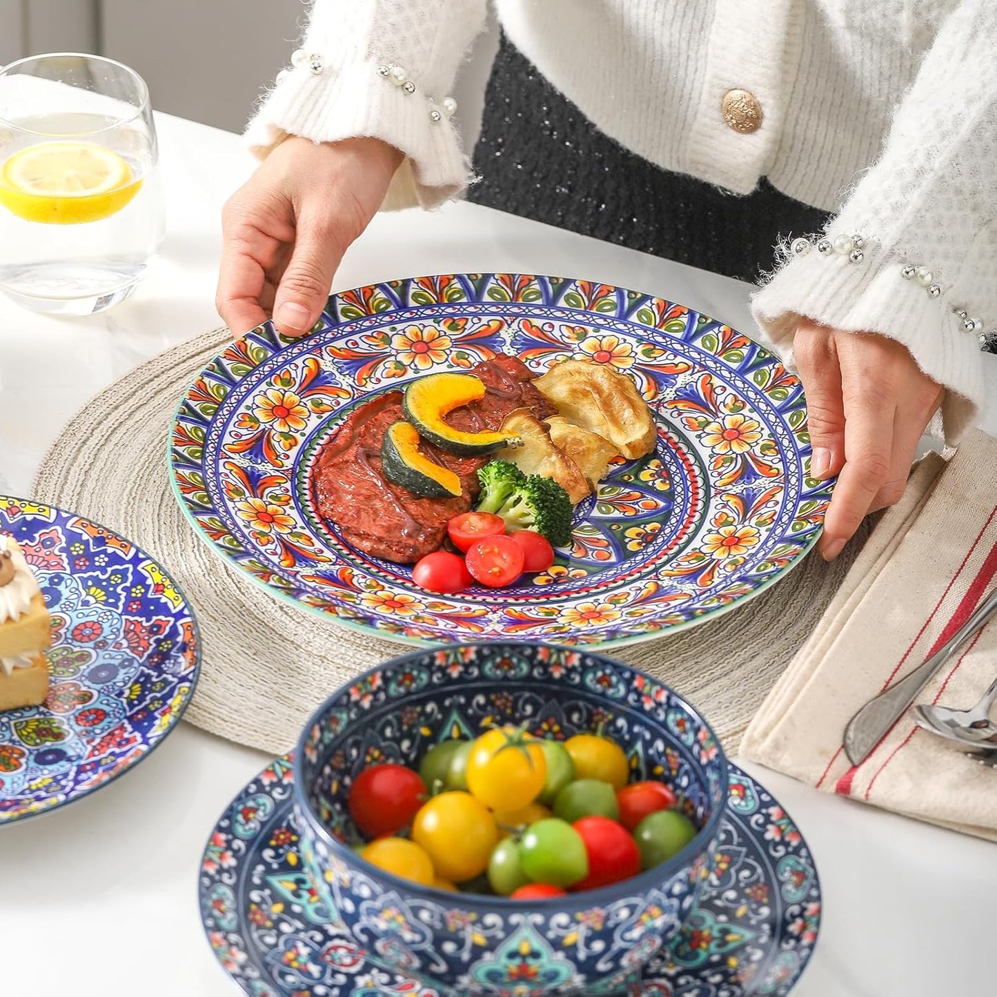 Juego 18 Pzas Plato Cerámica con Tapas Estilo Boho