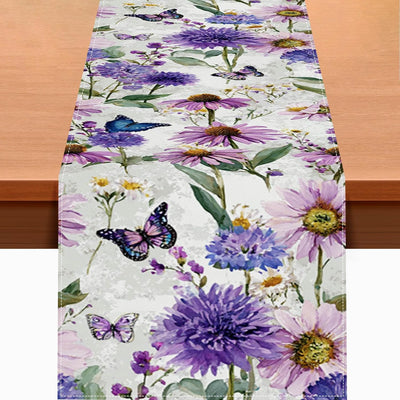 Camino de mesa floral rústico 13 x 72 pulgadas con flores silvestres moradas