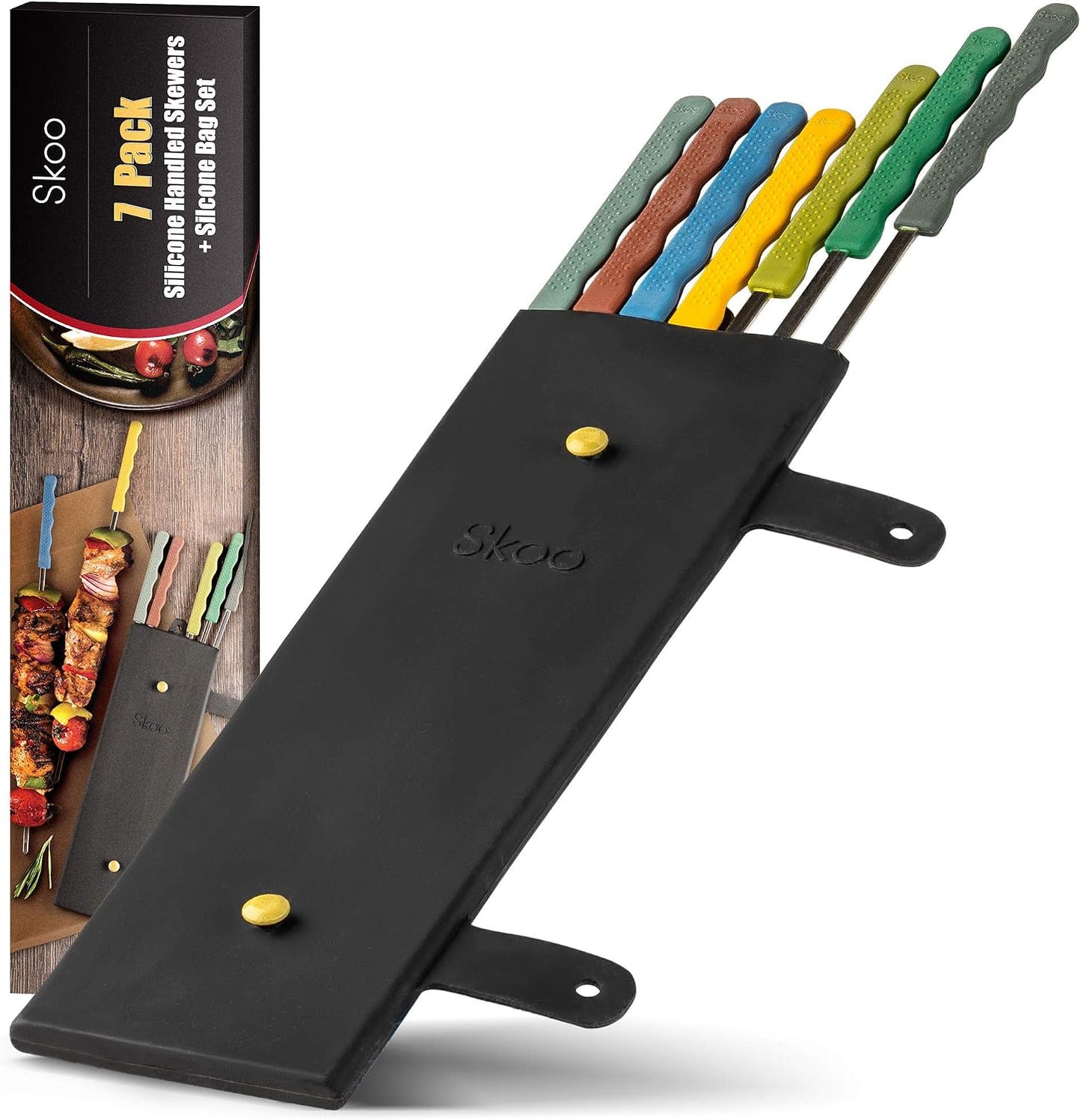 Set 7 Brochetas Acero Inox 14pulg Mango Silicona