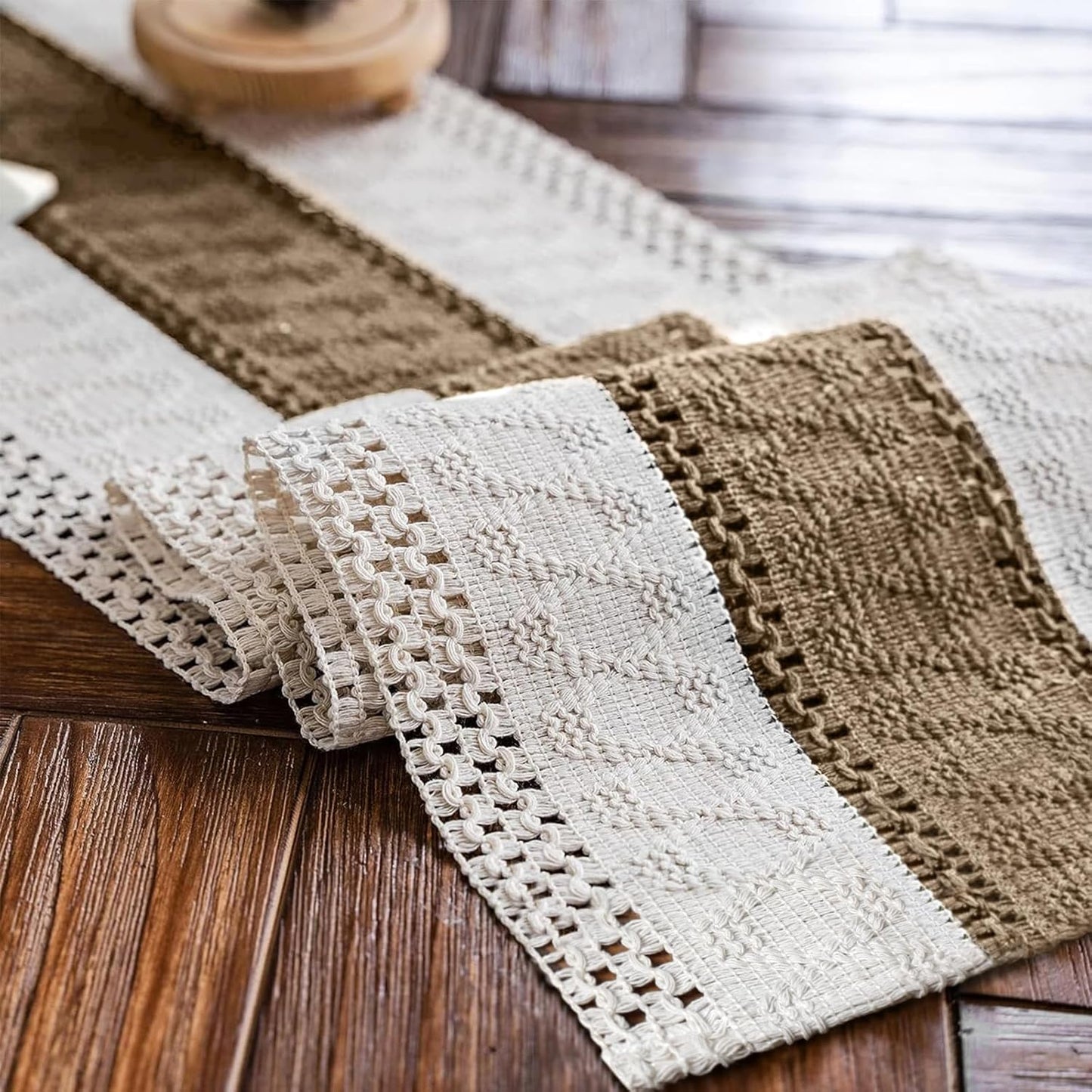 Camino de mesa de arpillera macramé color beige marrón rústico bohemio
