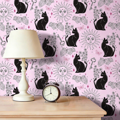 Papel Tapiz Rosa Pastel Gatito Floral 17.5x120pulg