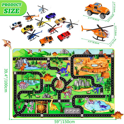 Alfombra juego dinosaurios con 12 vehículos metal 59x39.4
