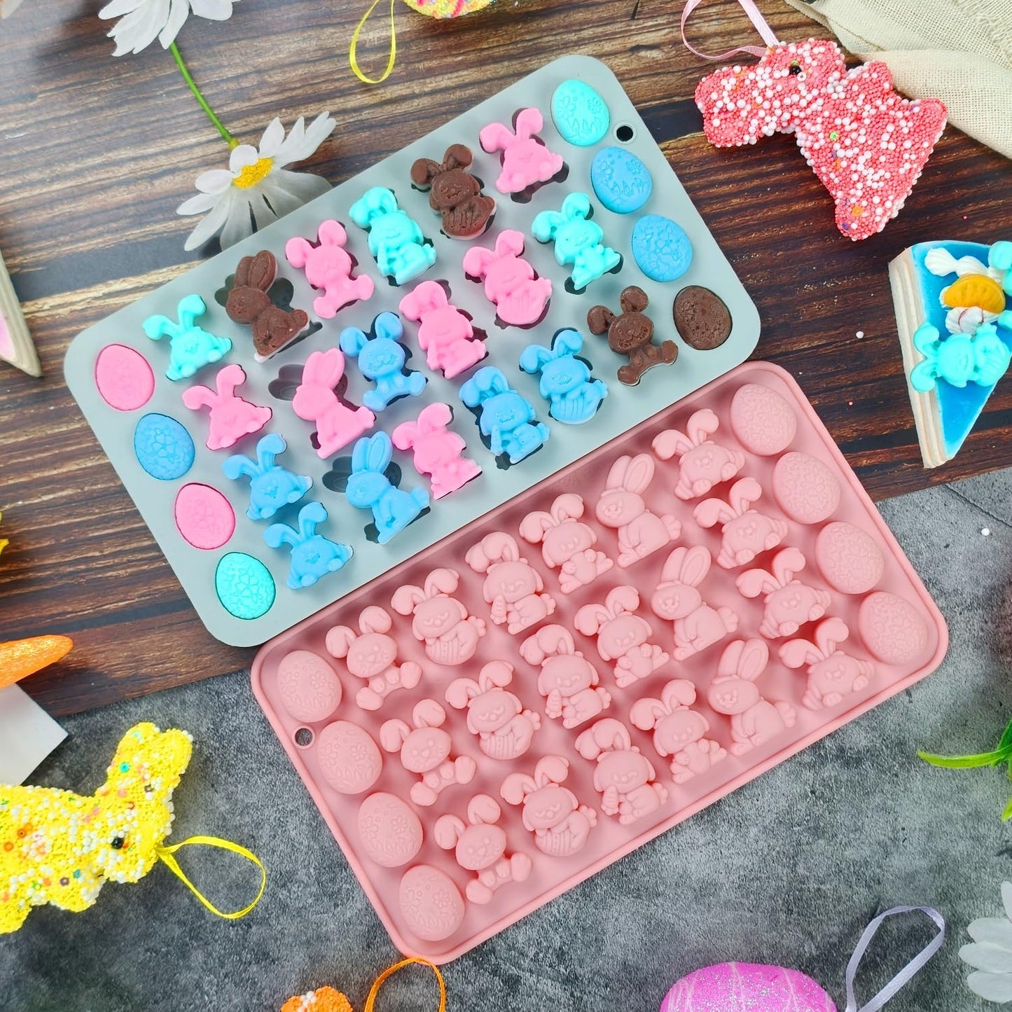 Moldes de silicona de Pascua con 27 formas de huevo y conejito antiadherente