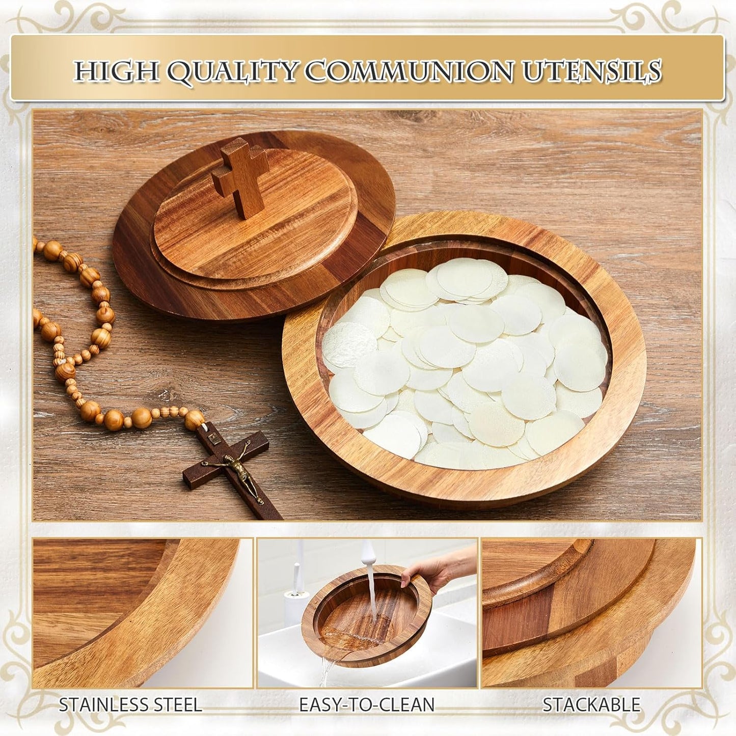 Juego platos comunión madera acacia con tapa