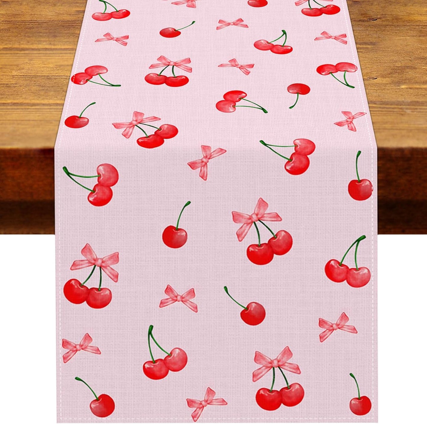 Camino de mesa de cerezo con lazo rosa para fiestas y decoración