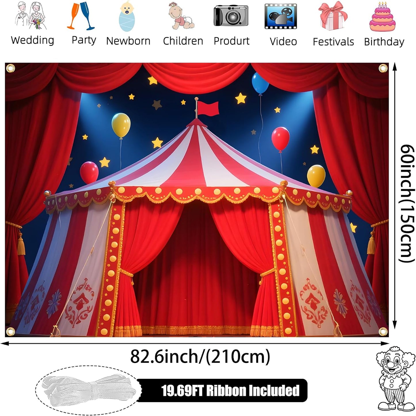 Telón carnaval 7x5ft con cinta 19.68ft y ojales latón decoración