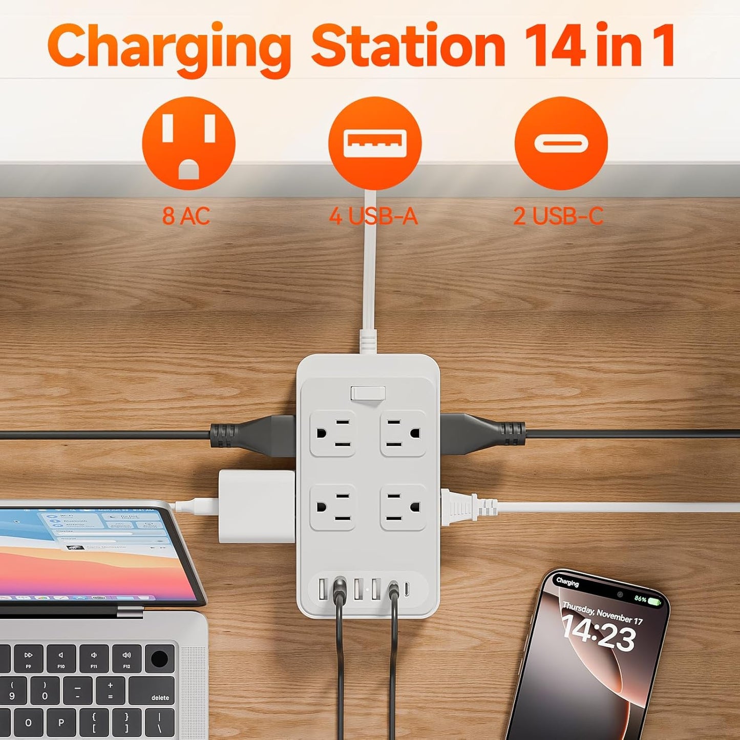 Cable extensión 0.3ft 8 puertos CA y 6 USB con proteccion