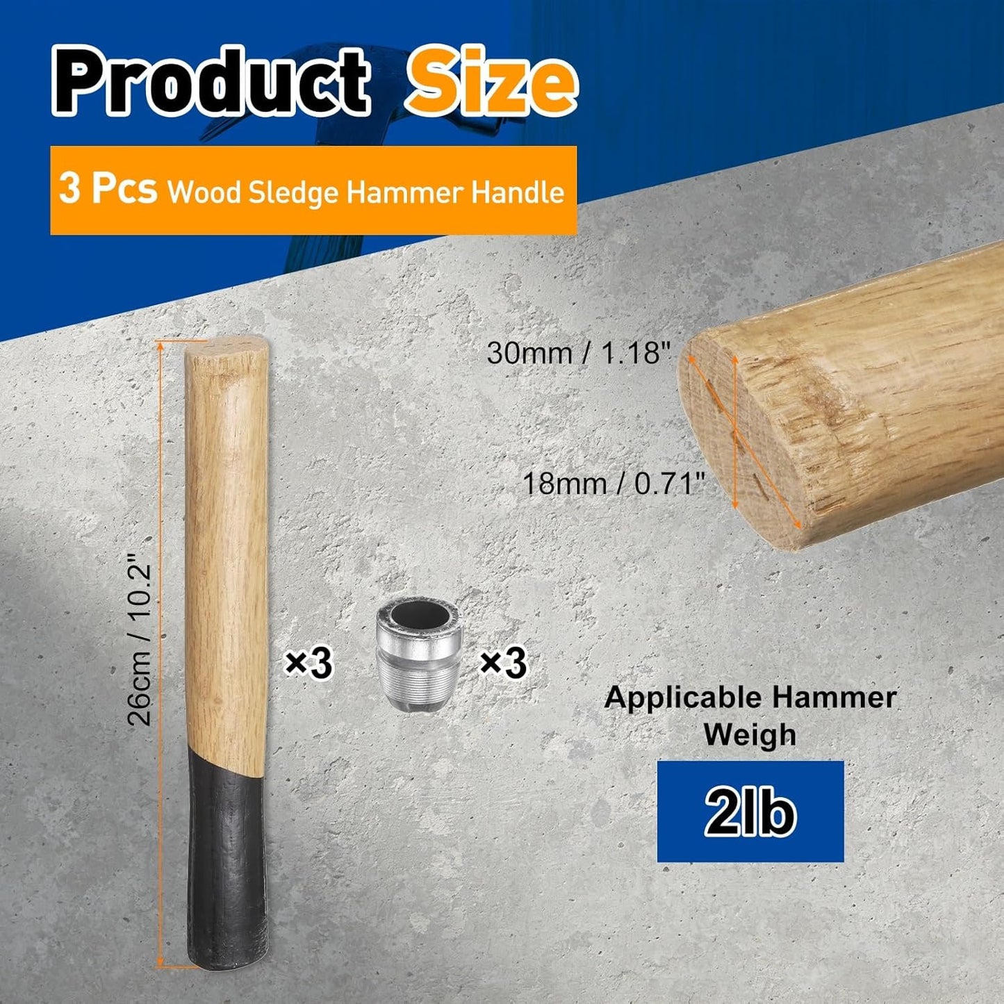 3 Pzas Mango Martillo Madera 10.2pulg Cuña Redonda Carpintería