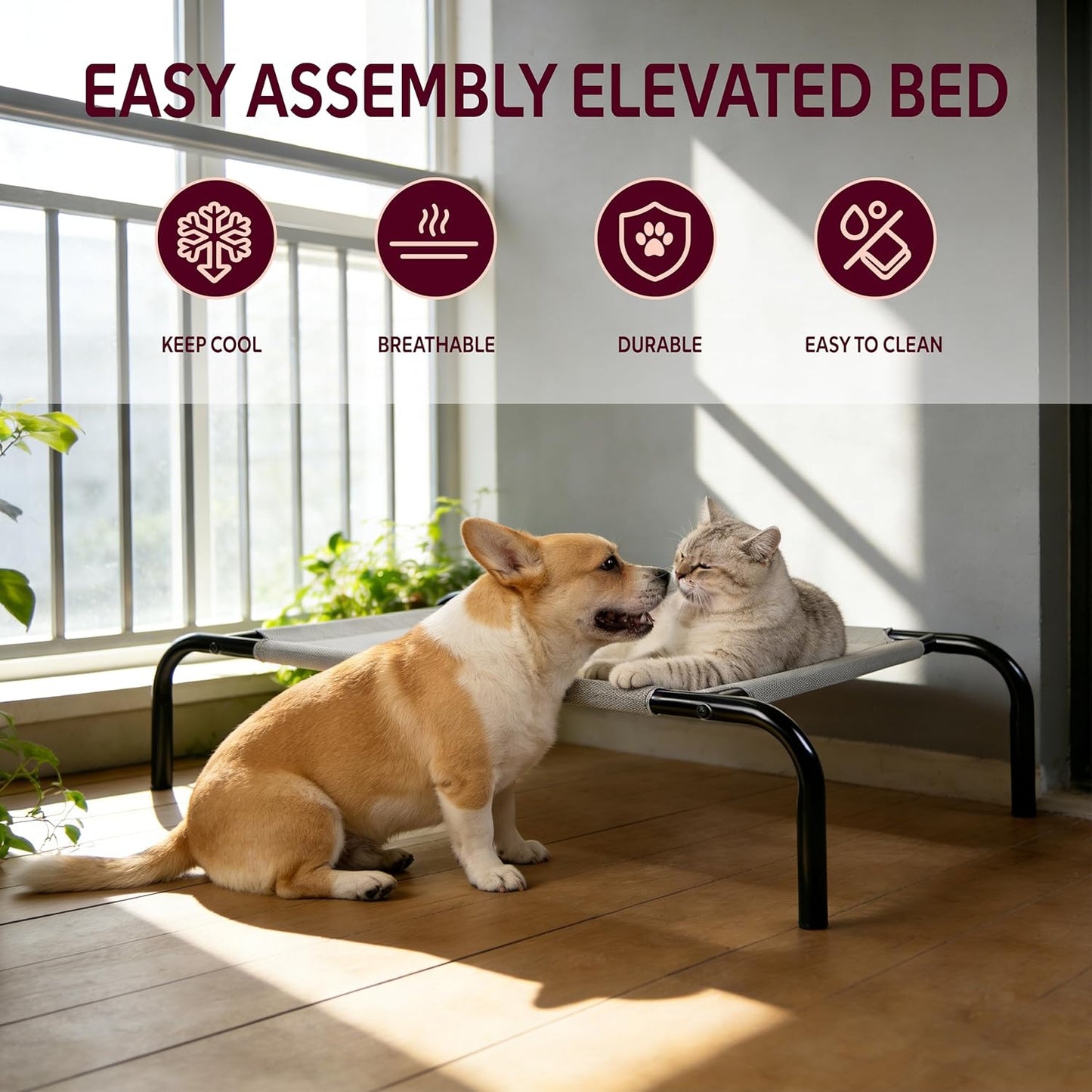 Cama elevada perro tela malla transpirable gris mediana