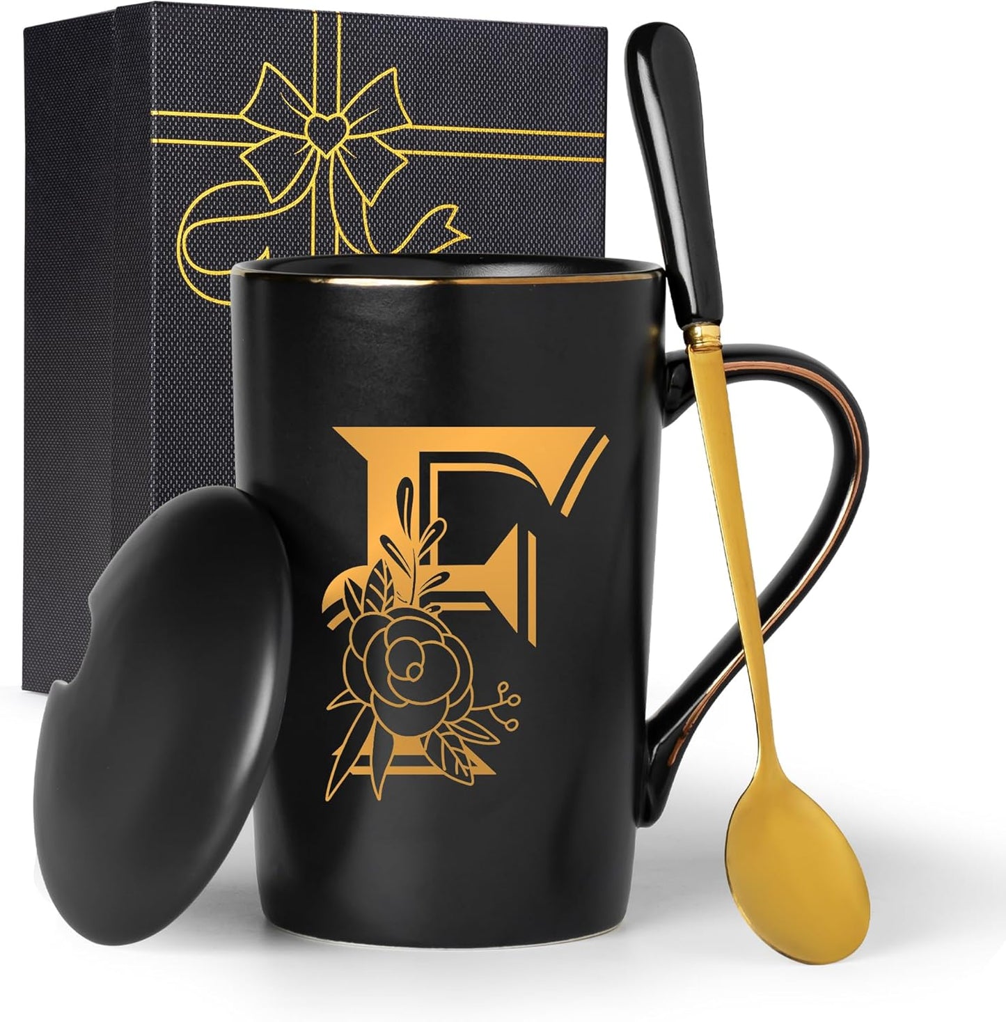 Taza de café personalizada con letra F y flor, regalo para mujer