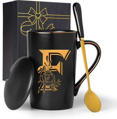 Taza de café personalizada con letra F y flor, regalo para mujer