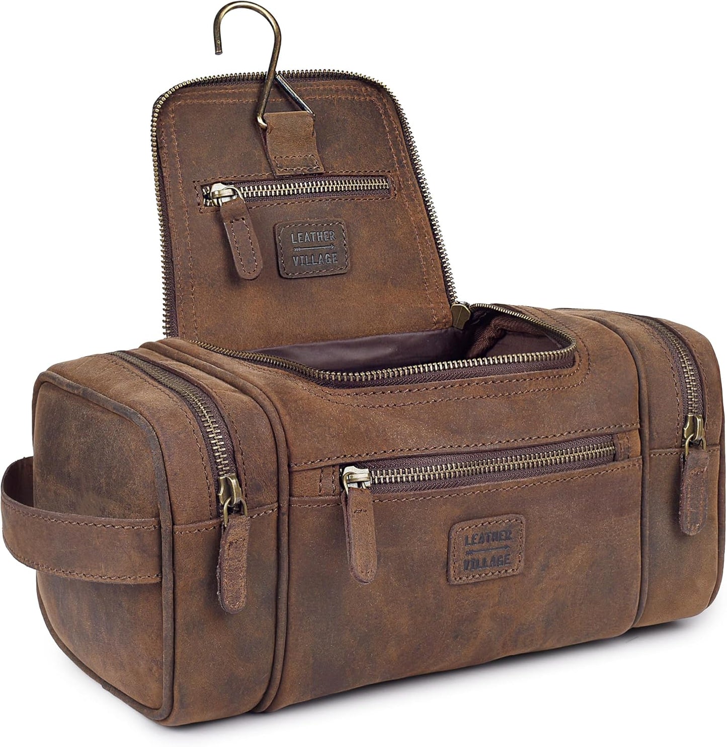 Kit Dopp cuero genuino colgante para viaje y gimnasio color marrón