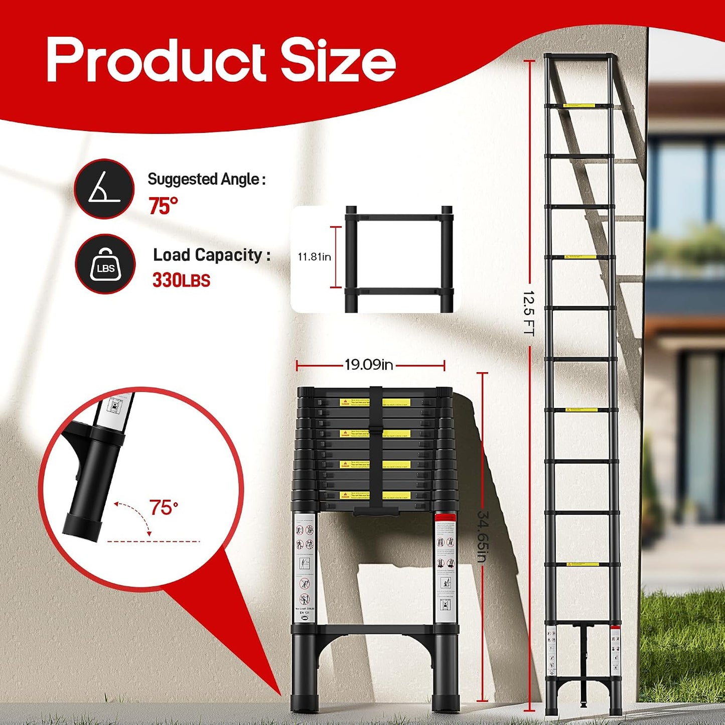 Escalera telescópica aluminio 12.5ft 2 estab 330lb plegable