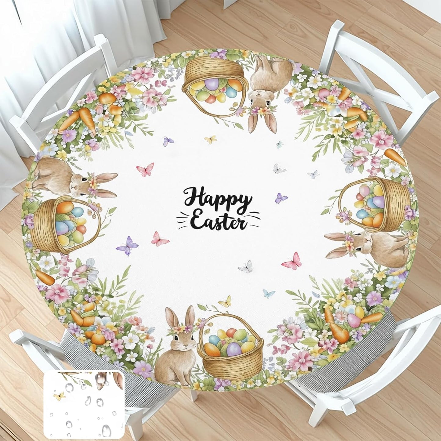 Mantel redondo ajustable de Pascua con borde elástico para mesas de 40 a 44 pulgadas