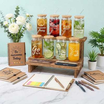 Set 60 Pzas Vasos Vidrio 16oz Tapas Pajitas Bambú Cuadernos A6