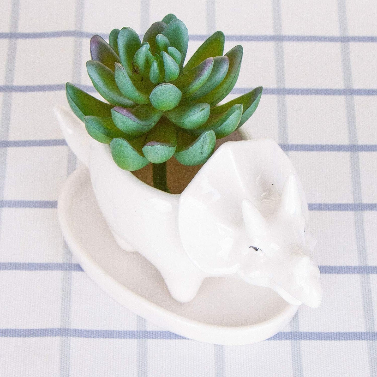 Maceta cerámica triceratops blanco escritorio