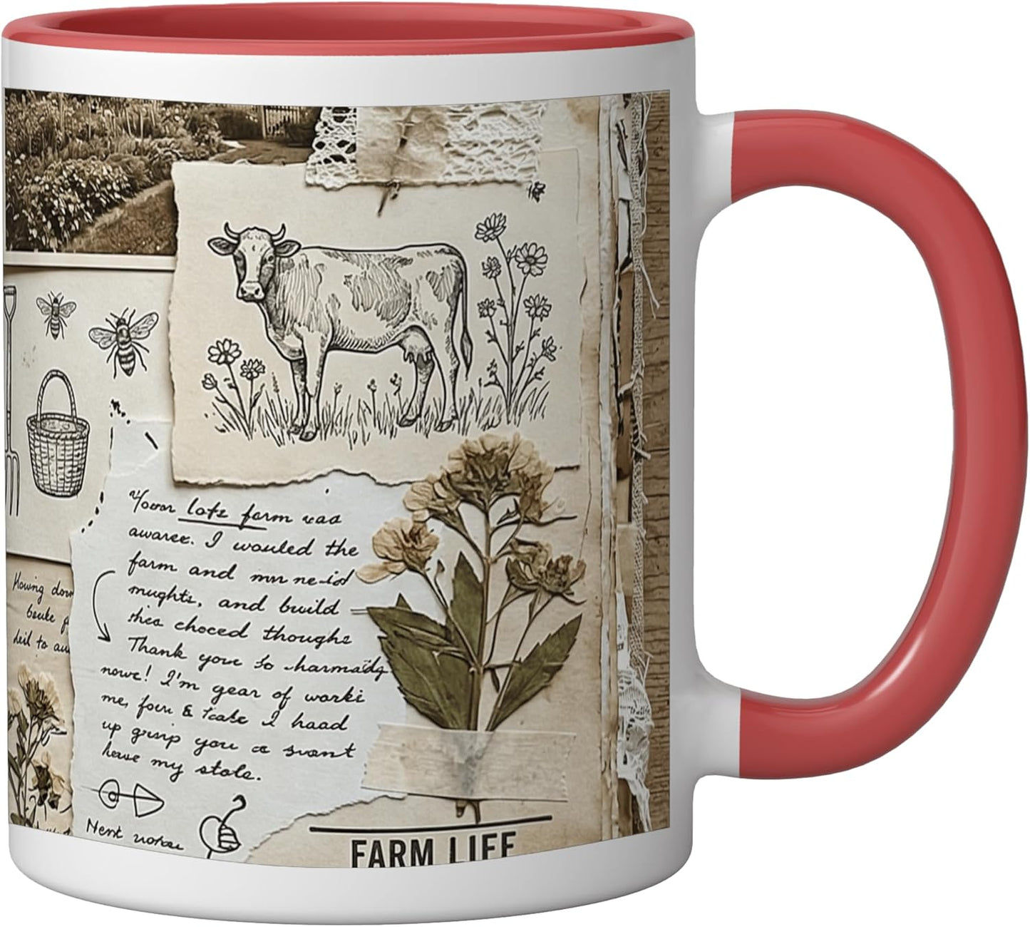 Taza Cerámica Vintage Collage Rustica Rojo/Blanco
